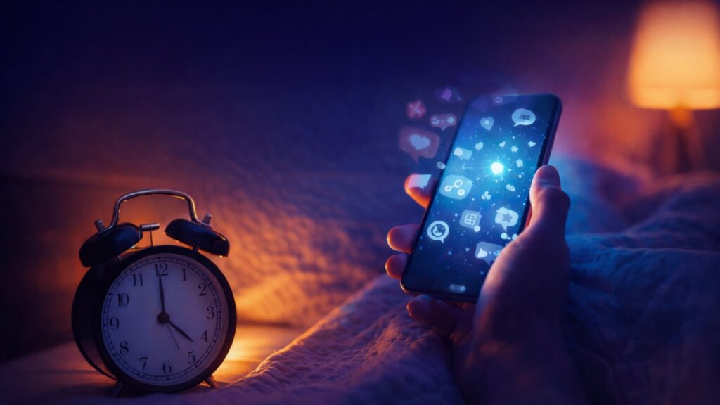 Evening routine concept showing smartphone distraction at night and alarm clock on bedside table, illustrating discipline and habit loops