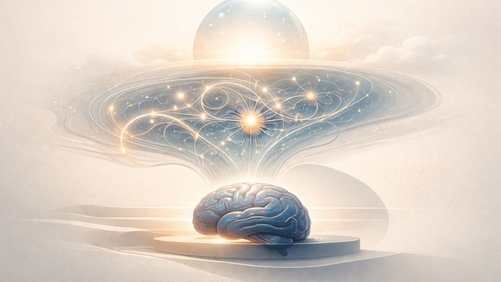 Illustration showing how the mind works through awareness, perception, and mental processes, highlighting the relationship between brain, mind, and mental clarity