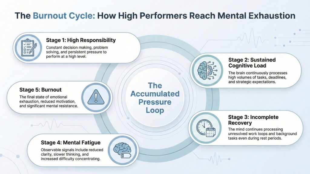 Burnout cycle showing stages from high responsibility and cognitive load to mental fatigue and burnout