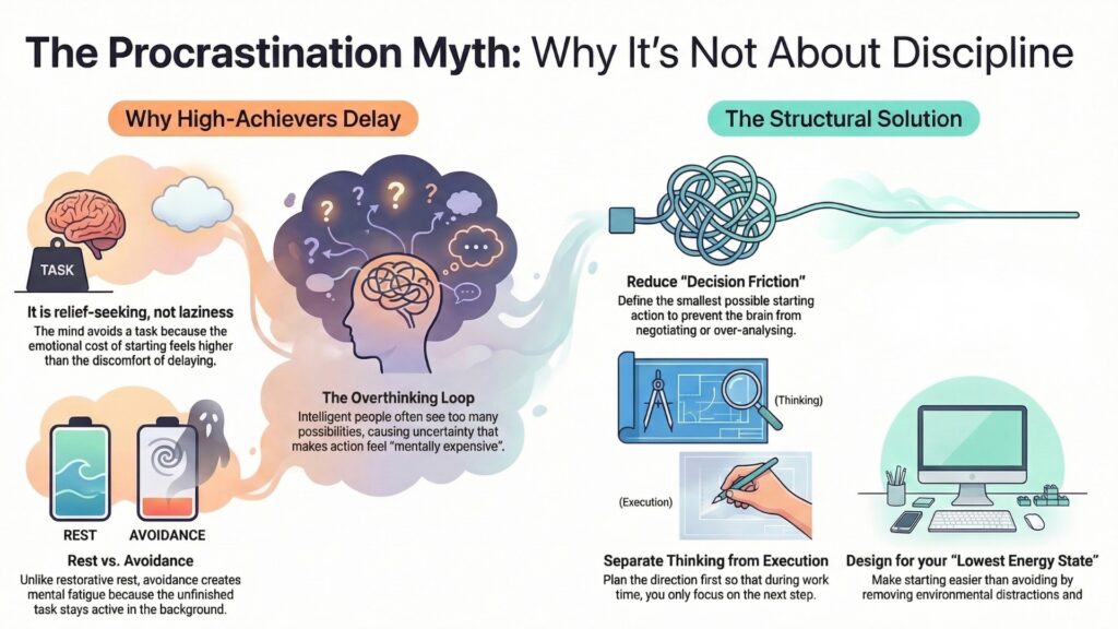 infographic explaining why high achievers procrastinate including overthinking loop relief seeking behavior and difference between rest and avoidance