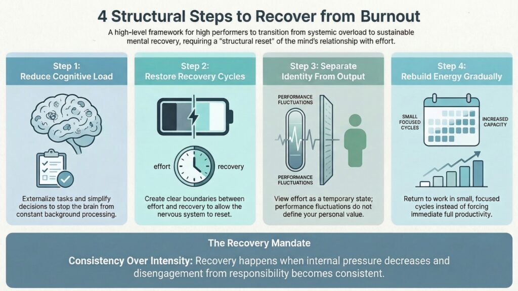 Four structural steps to recover from burnout including reducing cognitive load and rebuilding energy cycles
