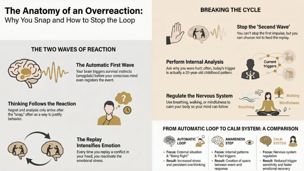 Anatomy of an overreaction showing first emotional impulse, replay thinking loop, and how to regain control
