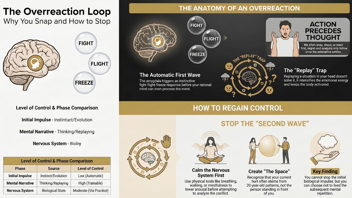 The overreaction loop showing fight flight freeze response, automatic emotional reaction, and mental replay cycle