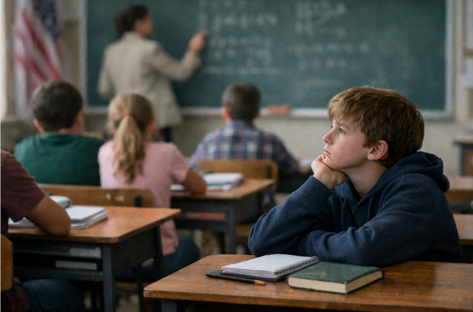 young boy feeling insecure in classroom representing early stress and low self confidence