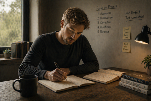 man writing in journal building habits and working on mindset change