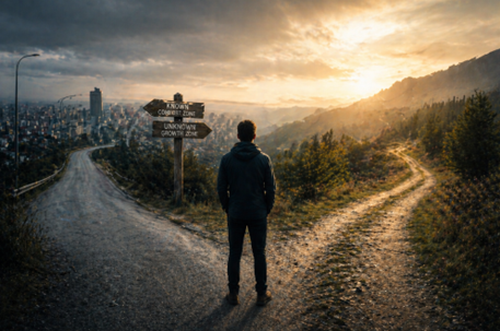 person standing at crossroads choosing between familiar path and unknown future
