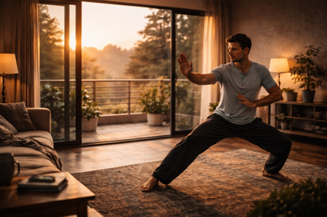 man practicing tai chi indoors representing emotional control and focus training