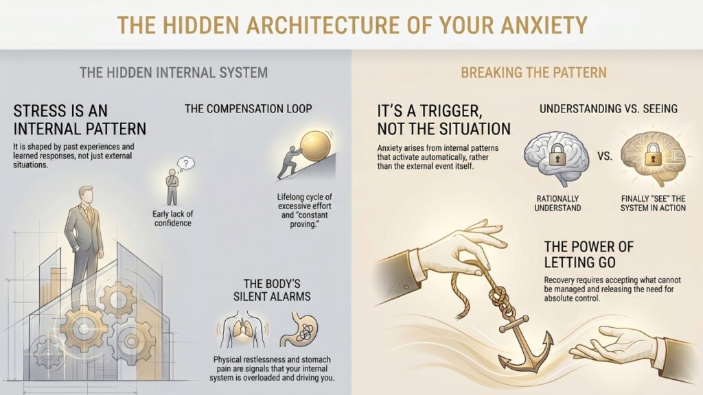 infographic showing how stress and anxiety develop from internal patterns and emotional triggers