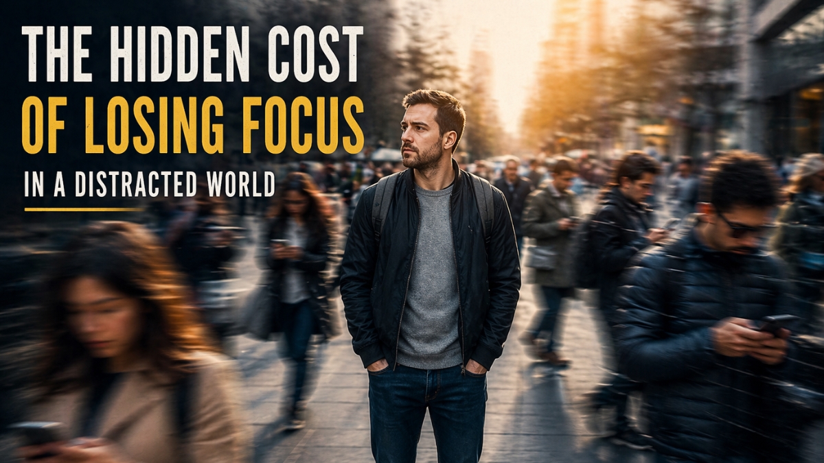man standing still in a busy city while distracted people use phones around him showing loss of focus in modern world