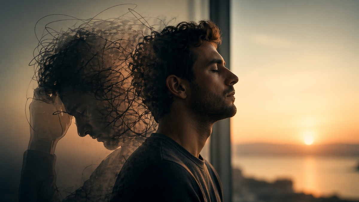 man sitting calmly by a window while a dark double exposure shows internal stress and anxiety patterns behind him