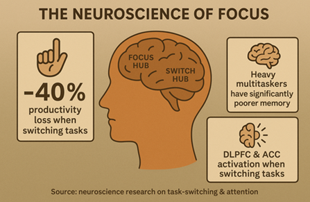 neuroscience of focus infographic showing task switching and loss of productivity