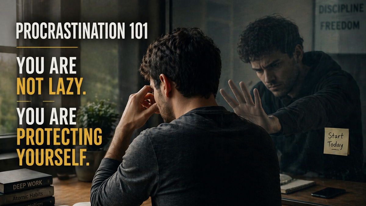 Person struggling to start work while reflection holds them back symbolizing procrastination as internal conflict and self-protection
