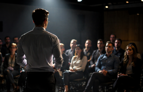 person standing in front of audience experiencing stress and performance anxiety
