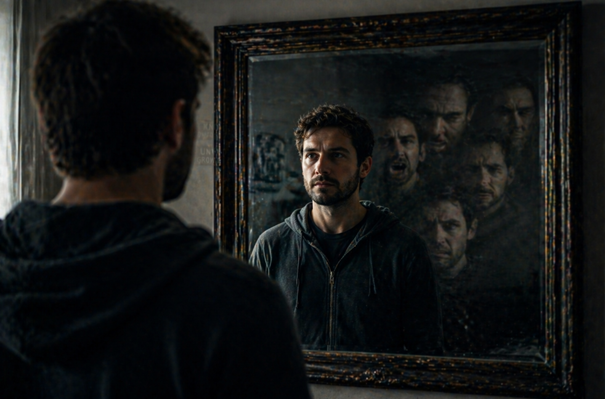 man looking into mirror seeing multiple emotional reflections representing inner thought patterns