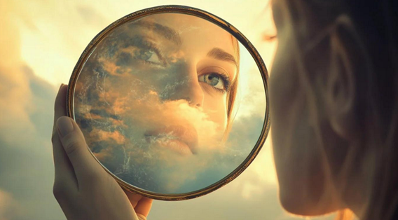 woman looking into mirror reflecting identity and internal belief system