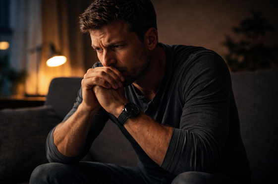 man sitting and reflecting deeply about emotions and behavior