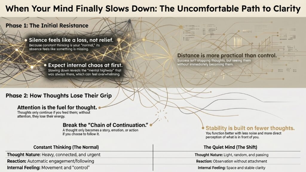 when your mind slows down infographic showing how thoughts lose their grip and why attention keeps thoughts alive