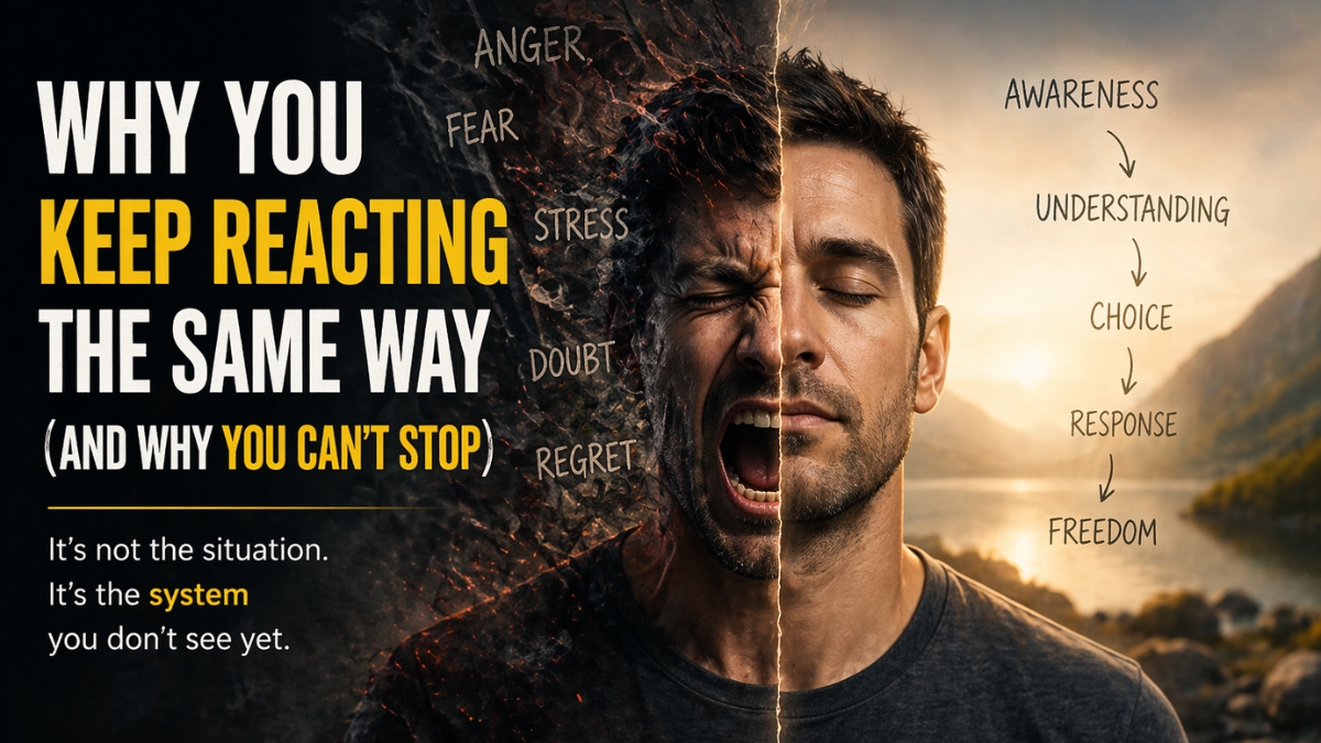split image showing emotional reaction versus calm awareness illustrating why people repeat the same reactions