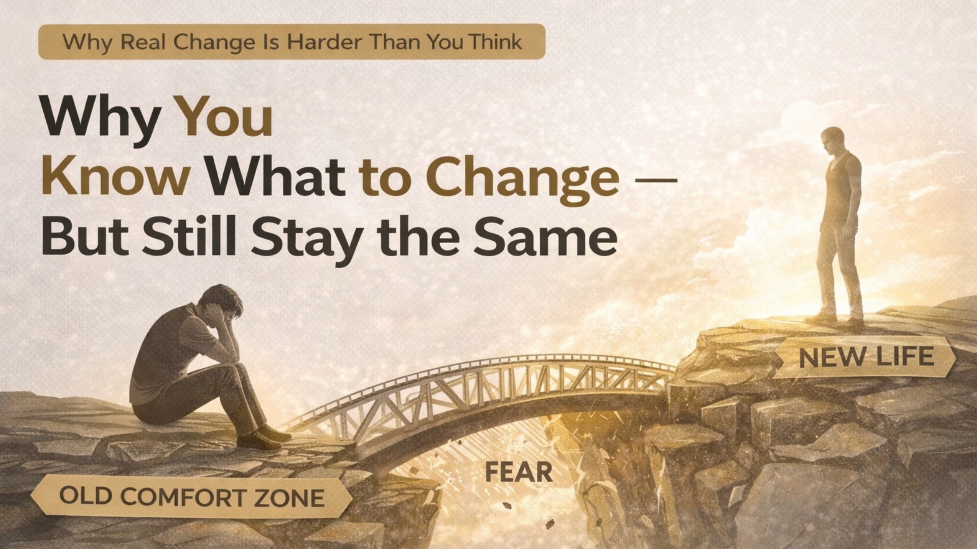 Why you know what to change but still stay the same, comfort zone vs new life illustration showing fear of change and mindset patterns
