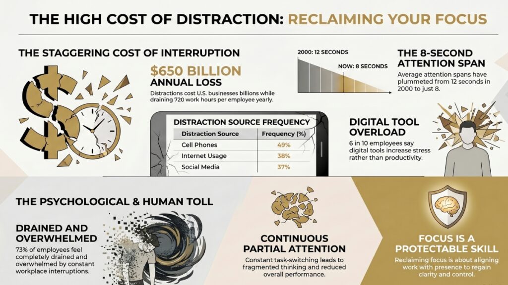 infographic showing cost of workplace distractions, attention span decline, and impact on focus and productivity
