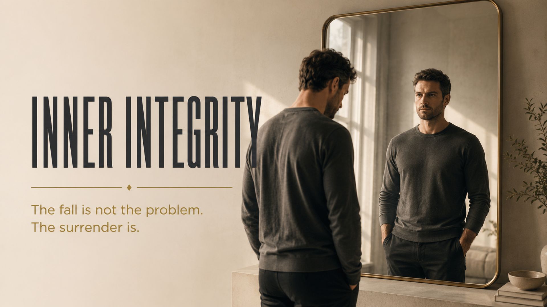 inner integrity and self trust symbolized by a man confronting his reflection in a mirror