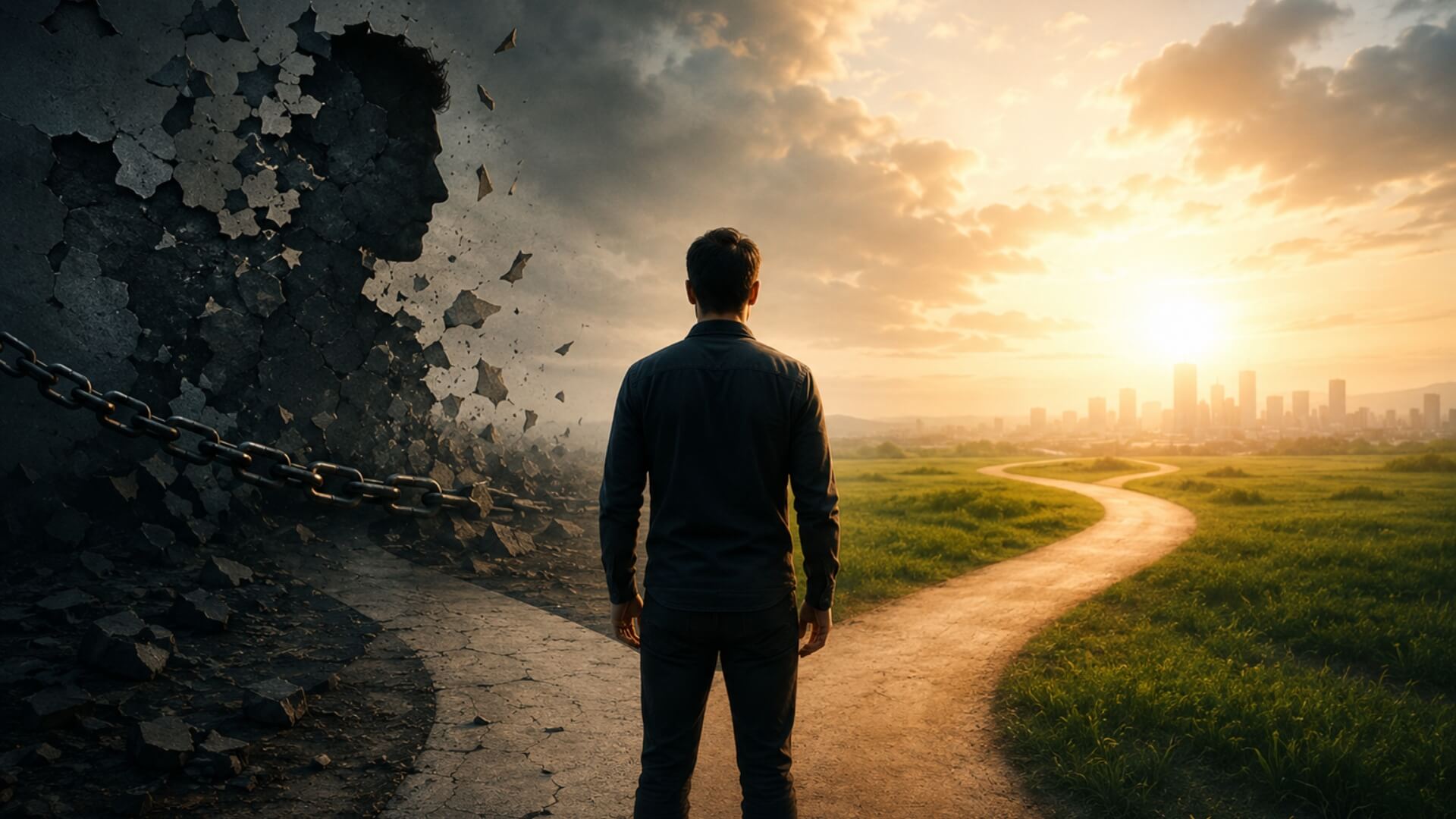 Person standing between an old identity and a new future while learning how to change their identity