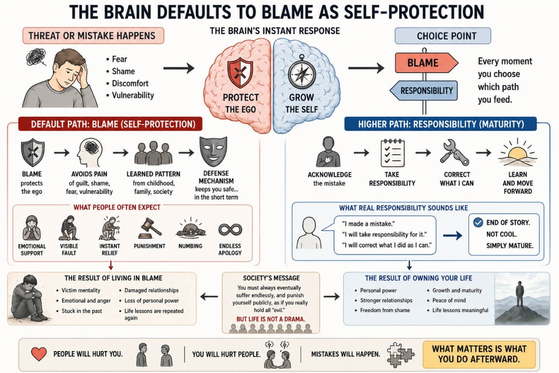 Diagram explaining why the brain naturally defaults to blame instead of responsibility as a form of psychological self-protection.
