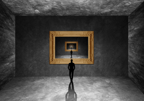 Person standing in front of nested picture frames symbolizing changing perspective, self-awareness, and personal responsibility.