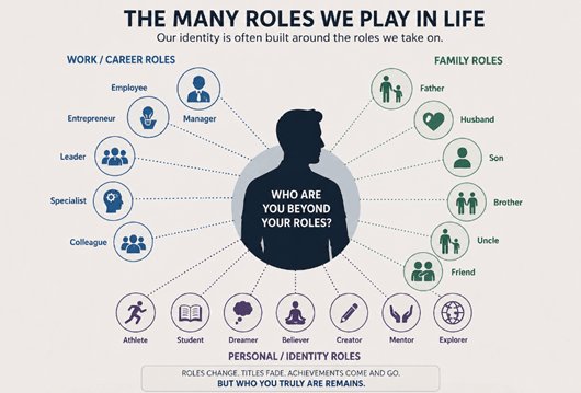 Diagram illustrating career, family, and personal identity roles surrounding the question, "Who are you beyond your roles?"