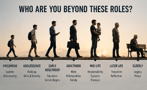 Timeline showing how identity develops from childhood through old age as new responsibilities and roles accumulate.