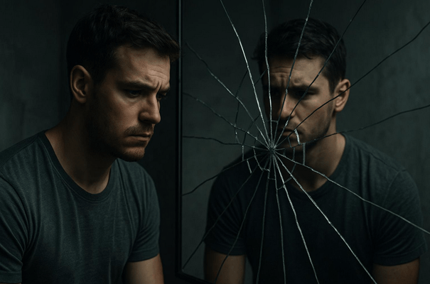 person facing a broken reflection representing self sabotage and inner conflict