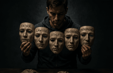 Person holding masks labeled father, lawyer, athlete, husband, and entrepreneur, symbolizing the many identities people adopt throughout life.