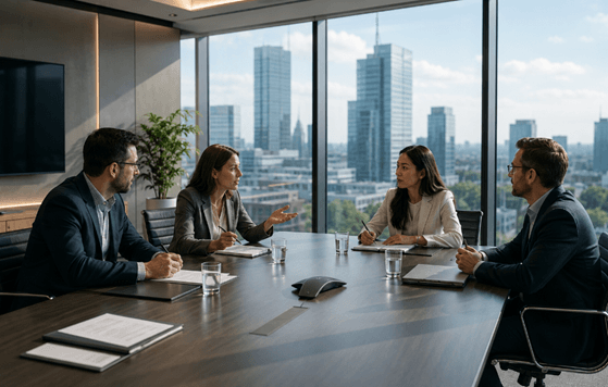 Business professionals negotiating during a meeting using communication and negotiation skills