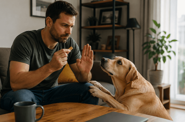 Dog patiently negotiating for a treat through persistence and repeated behavior