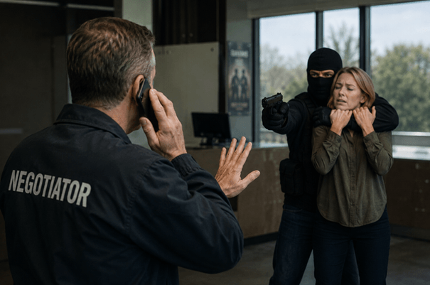 Hostage negotiator communicating calmly during a high-pressure crisis situation