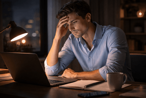 Professional experiencing chronic stress and mental pressure while working late on a laptop