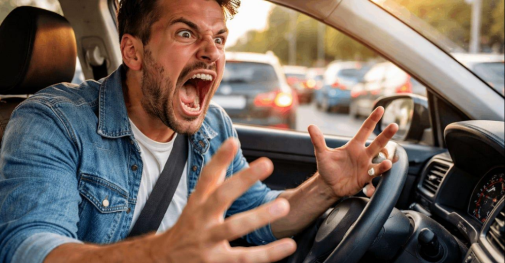 Angry man reacting to fear and loss of control in traffic