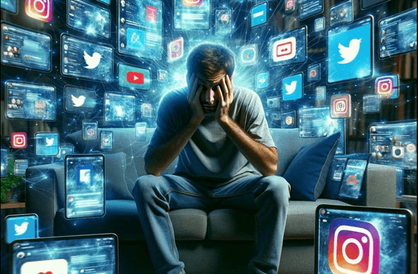 Person overwhelmed by social media notifications and digital distractions