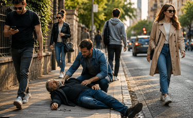 A man helping an unconscious person on a city sidewalk while other pedestrians walk past, illustrating responsibility as the ability to respond.