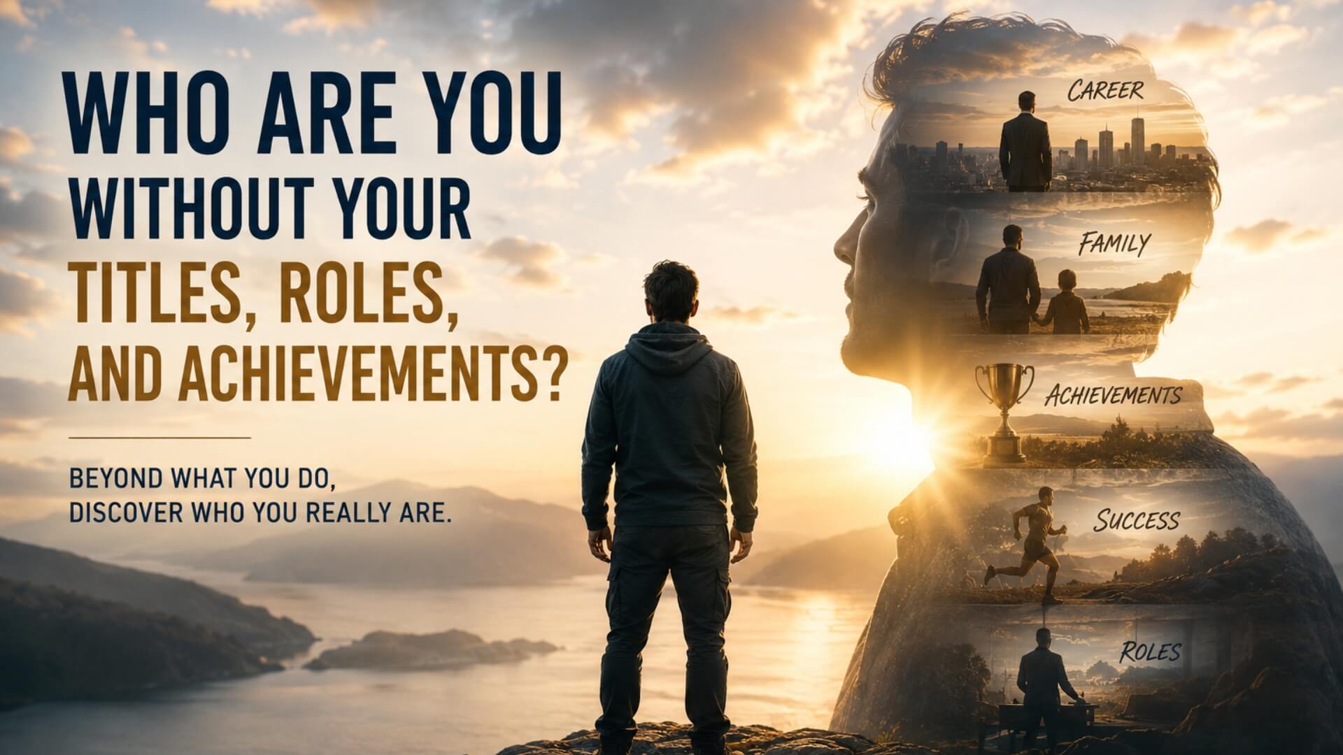 Person standing before a symbolic silhouette filled with career, family, achievements, and life roles, representing the search for identity beyond titles.