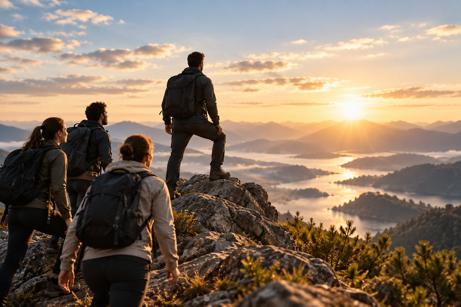 Leadership mindset represented by four hikers overlooking mountain peaks and winding water at sunrise.