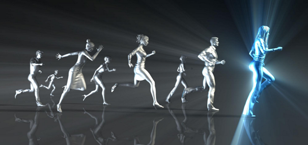 Glowing blue figure leading a group of metallic runners on a reflective surface