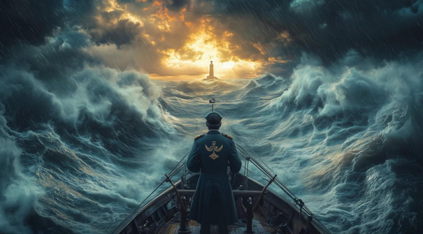 Person at a vessel’s bow facing a distant lighthouse through towering storm waves