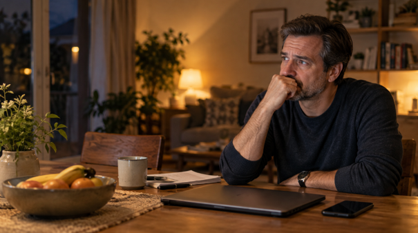 Man thinking about work after work at home