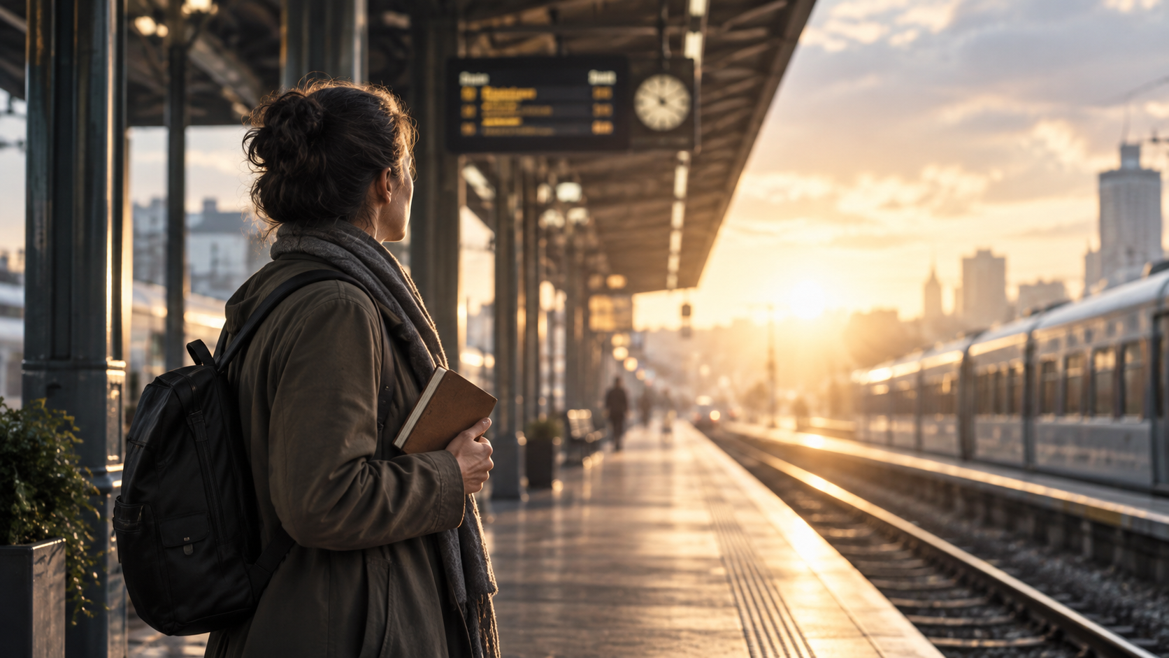 Woman with a backpack and notebook looking down a train platform at sunset as she seeks to find direction in life.