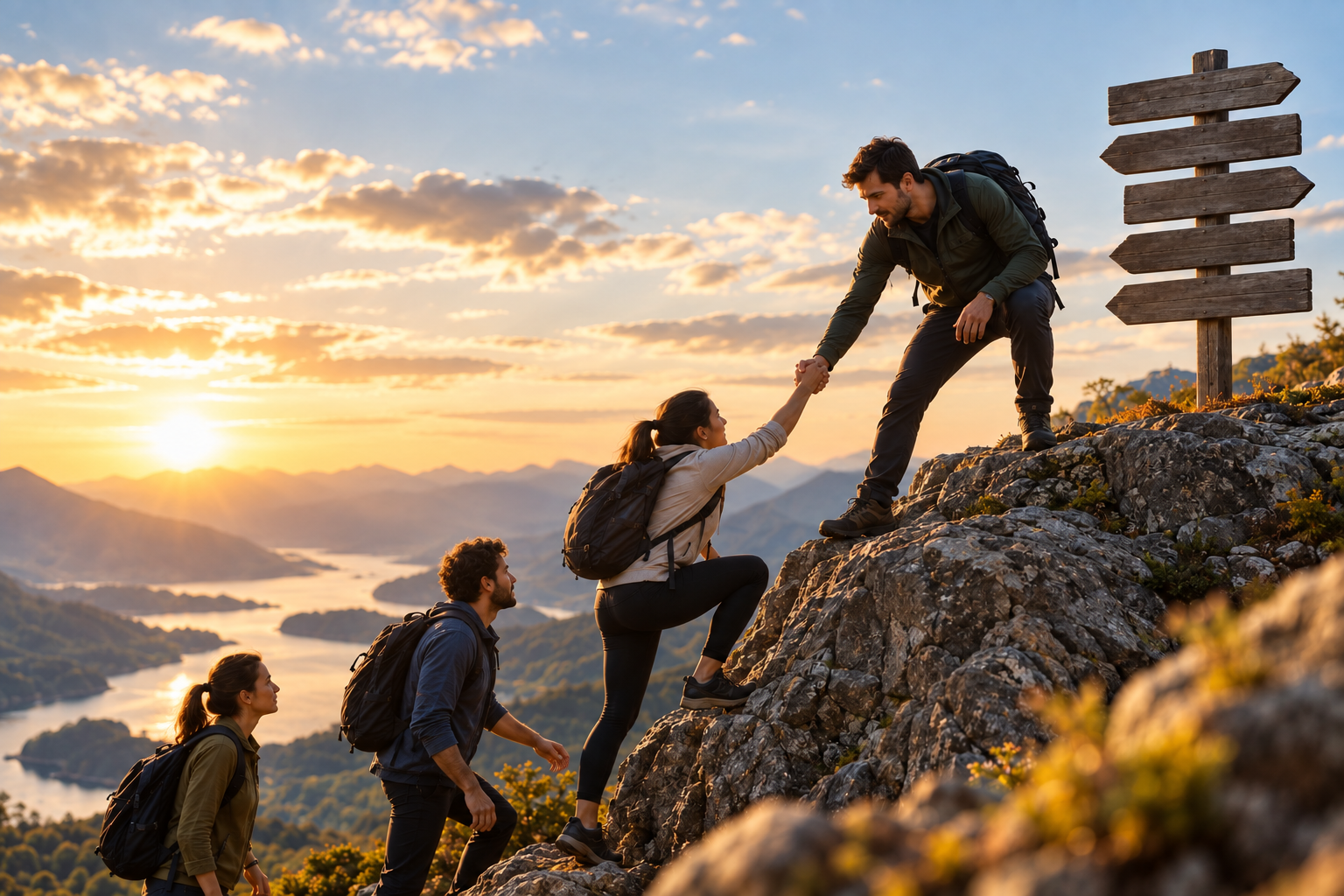 Lead people without controlling them: one person helps another climb a rocky path toward a signpost.