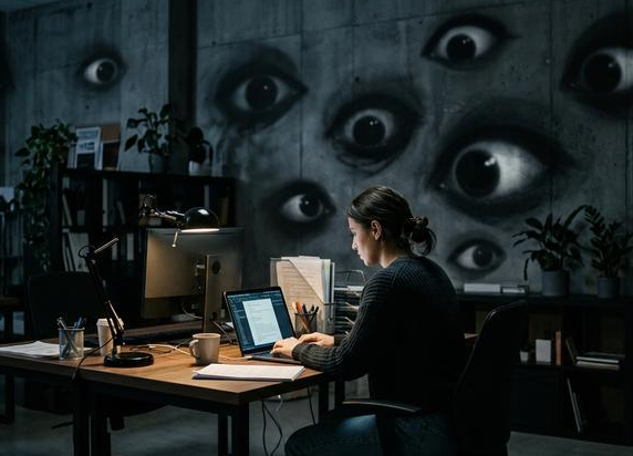 A woman works at a desk beneath a wall of watchful eyes, illustrating the pressure of being monitored