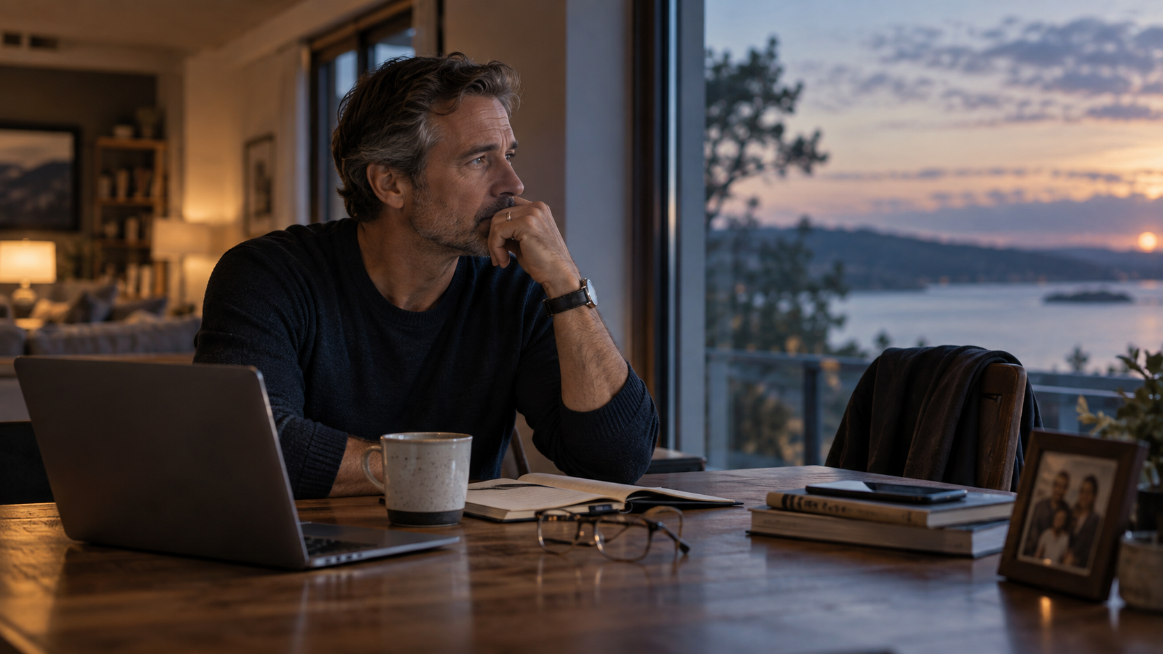 Middle-aged man reflecting by a window at sunset during a midlife crisis in men