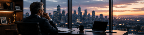 Gray-haired man sitting alone in an office and looking at the city skyline at sunset.