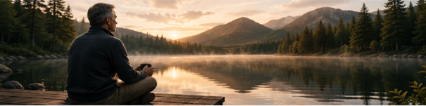 Gray-haired man sitting on a dock beside a misty mountain lake at sunset